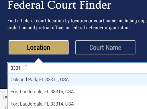 screenshot of entering zip code into the Court Finder website